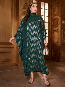 Al Najma Plus Size Batwing Sleeve Dress With Full Graphic Design Kaftan Jalabiya Dress - Dark Green - View 5