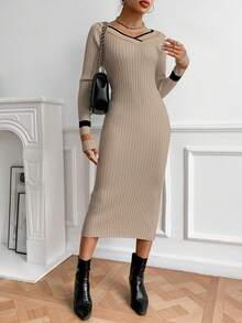 SHEIN Essnce 撞色條紋設計,長袖,修身,針織毛衣連身裙 - 駝色 - 查看 4