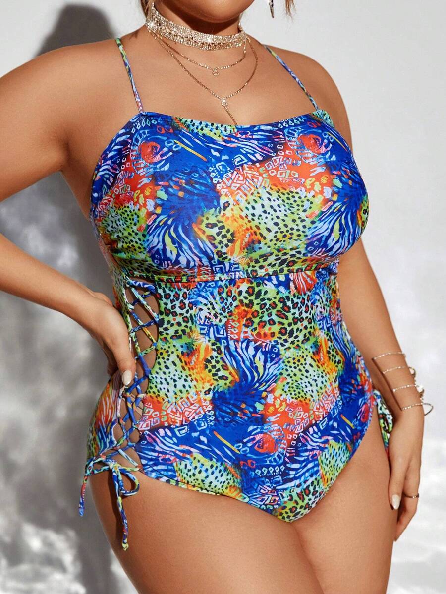 SHEIN Swim Curve Maillot de bain une pièce à dos croisé imprimé, grande taille, carnaval d'été - Multicolore - Voir 1
