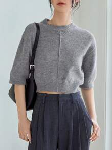 DAZY Áo dệt kim nữ màu trơn Giải trí - Xám - Xem 5