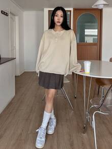 Dazy Star Women's Half Button Drop Shoulder Sweatshirt - Apricot - View 11