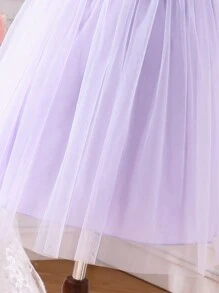 SHEIN Tween Girl Embroidered Flower Applique Puff Sleeve Mesh Overlay Dress