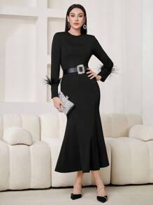 Modelyn Vestido largo de fiesta de mujer elegante de color liso con flecos en el borde, estilo cola de sirena