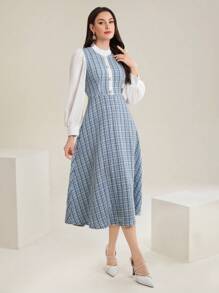 Modelyn 女式立领格子灯笼袖连衣裙超长款女装长款晚礼服女式秋季服装 - 藍色 - 查看 4