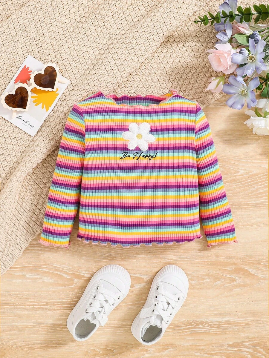 SHEIN Em bé Cô gái Dễ thương Sọc Chi tiết thêu Tay áo dài Áo - Hồng - Xem 1