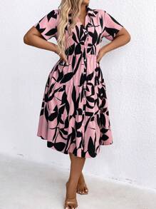 SHEIN LUNE 女士大尺碼全印花多層次下擺連身裙 - 粉色 - 查看 5