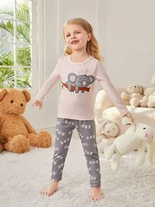 SHEIN Young Girls' Cartoon Printed Long Sleeve Snug Fit Homewear Set - Pink - View 3