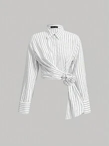 SHEIN MOD 女士長袖條紋襯衫,3d花卉裝飾 - 白色 - 查看 1
