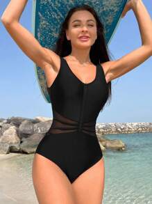 Swim SPRTY Summer Beach Contrast Mesh Insert Ruched Zip Front One Piece Swimsuit - Black - View 1