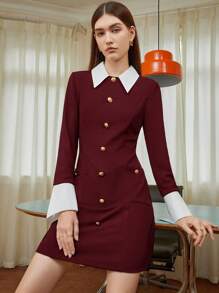 BizChic Của phụ nữ Tương phản Khe Cổ tay áo Nút phía trước Đầm - Màu Đỏ Sâu - Xem 1
