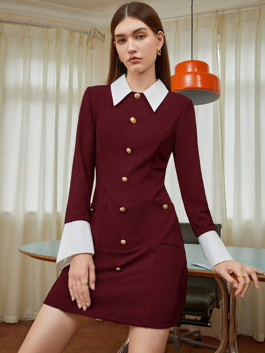 BizChic Của phụ nữ Tương phản Khe Cổ tay áo Nút phía trước Đầm - Màu Đỏ Sâu - Xem 1