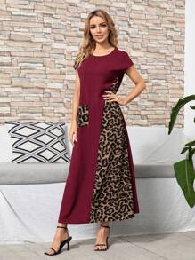 EMERY ROSE 女士圓領長款夏季豹紋拼接連衣裙 - 酒紅色 - 查看 3