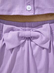 Cô gái Tween Dệt kim Màu thuần Cổ vuông Ống tay áo Áo Và Bộ quần short - Màu tím hoa cà - Xem 4