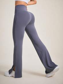 Easithlete Solid Color Split Hem Sport Pants - Dusty Purple - View 1