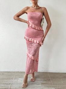 Zolique Vestido Sin Tirantes De Encaje Con Ribete De Volantes - Rosa - Ver 3