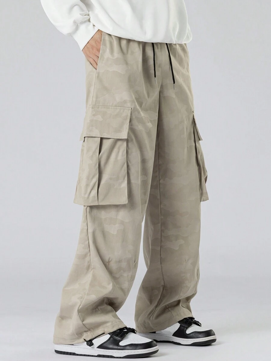 Manfinity Hypemode Loose-Fit Men's Drawstring Waist Cargo Pants With Pockets - Khaki - View 1