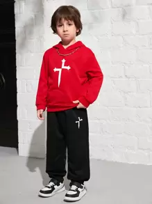 年轻男孩舒适印花连帽衫和运动裤套装，羊毛，加厚 - 紅色 - 查看 5