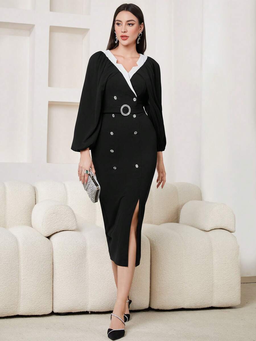 Modelyn Lantern Sleeve Buttoned Bodycon Dress Long Evening Dresses - Black - View 1