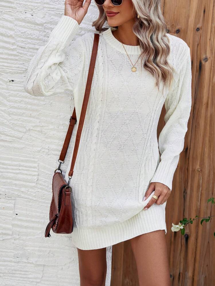 Round Neck Cable Knit Sweater Dress