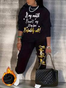 Maweii 大尺碼女士2入組口號印花圓領運動衫和運動褲 - 黑色 - 查看 1