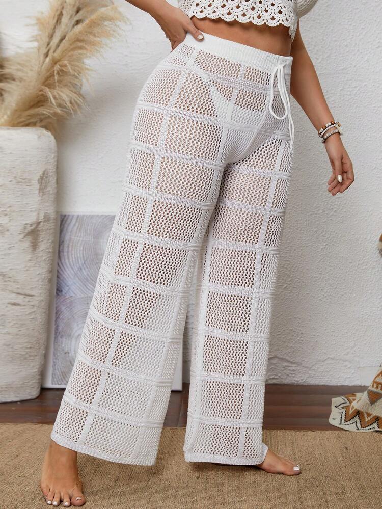 Plus Size Solid-Color Drawstring Knitted Cover Up Pants Summer