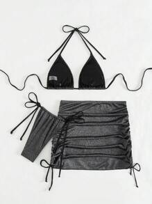 SHEIN Swim 女士吊带比基尼套装 夏季海滩 - 黑色 - 查看 4