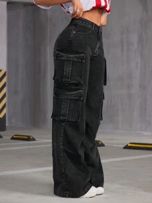 SHEIN ICON Cargo Wide Leg Jeans - Dark Grey - View 5