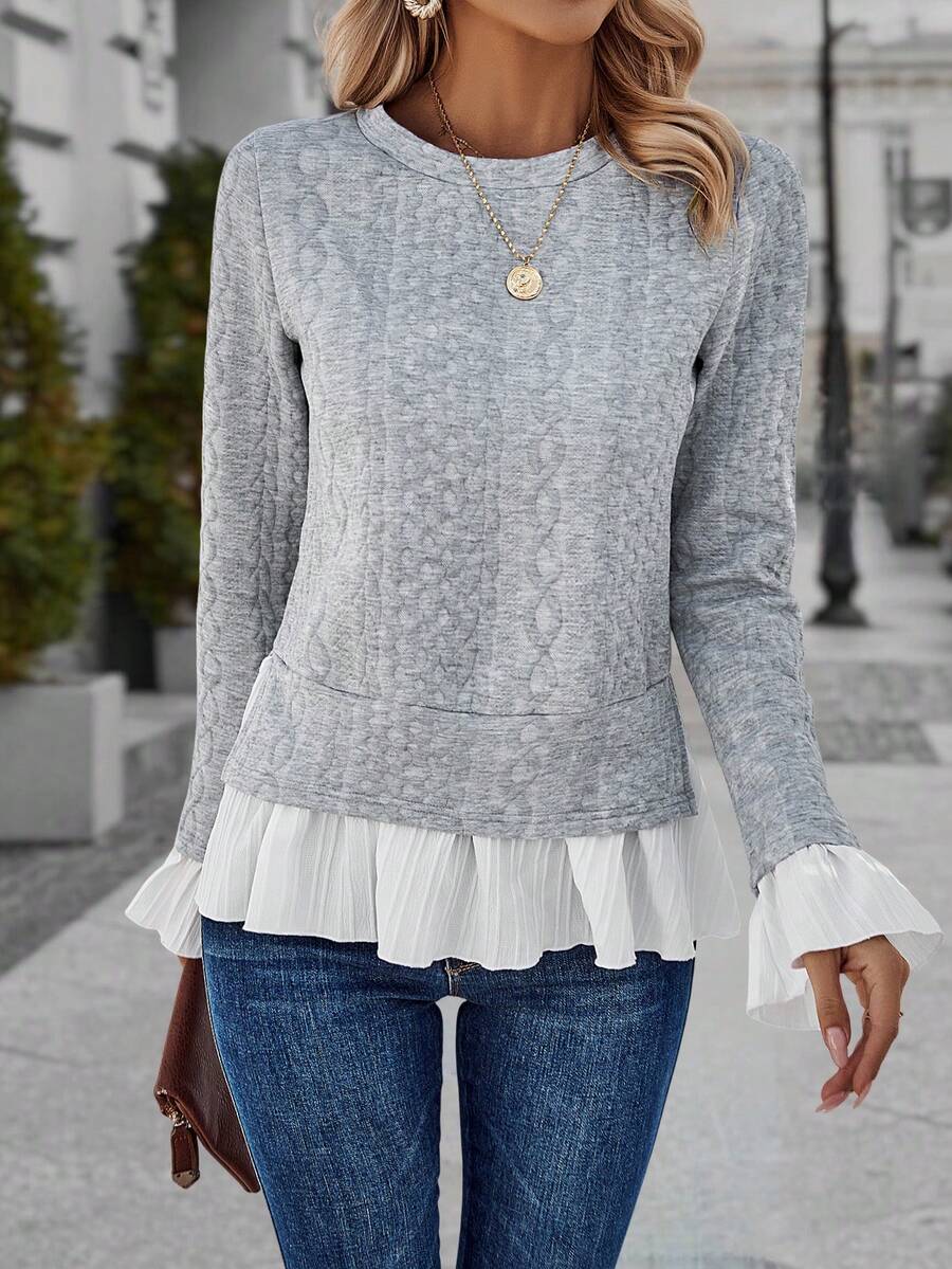 SHEIN Essnce 女士拼接喇叭袖圓領運動衫 - 灰色 - 查看 1