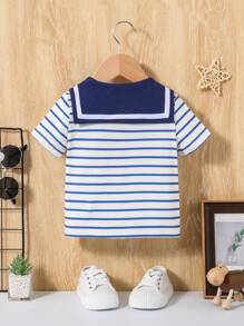 SHEIN Baby Boys' College Style Striped Short Sleeve Top With Sailor Collar - Multicolor - View 2