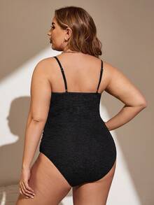 SHEIN Swim Curve 加大码纯色连体泳衣，适合夏季海滩度假 - 黑色 - 查看 2