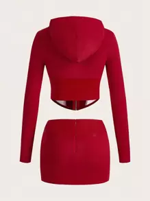 SHEIN ICON Slim Fit Hooded T-Shirt And Skirt Set - Burgundy - View 2
