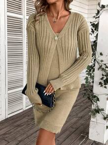 SHEIN LUNE Camisole Sweater Dress And Cardigan Sweater 2pcs/set - Khaki - View 5