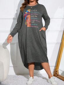 SHEIN LUNE 加大尺寸側身口袋不對稱下擺連身裙 - 深灰色 - 查看 1