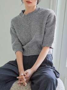DAZY Áo dệt kim nữ màu trơn Giải trí - Xám - Xem 6