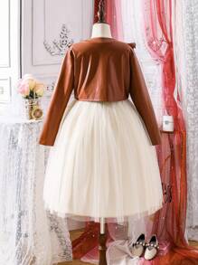 SHEIN Cô gái Tween Tay áo dài chất liệu da PU Áo khoác Với Lưới Đầm Hai chiếc Bộ , Mùa Đông - Nhiều màu - Xem 2