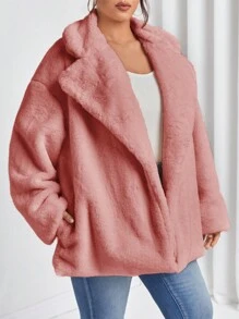 SHEIN Essnce Kích thước lớn Cổ bẻ Túi bên 	
Fuzzy áo - Hồng - Xem 4