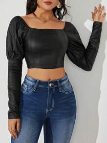 Calvaya Women's Fashion Solid Color Cropped Top, Spring Autumn