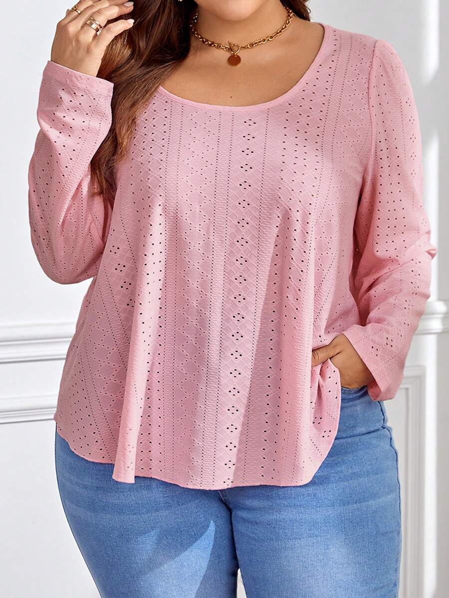 Flirla Plus Eyelet Embroidery Scoop Neck Tee - Pink - View 1