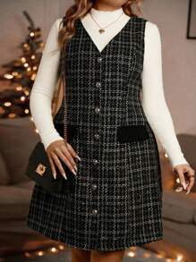SHEIN Clasi 女款大尺寸格紋印花洋扣連身裙 - 黑與白 - 查看 3