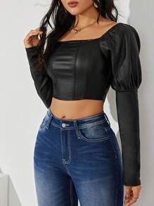 Calvaya Women's Fashion Solid Color Cropped Top, Spring Autumn