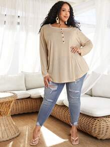 SHEIN CURVE+ 大尺碼女士圓領長袖t恤 - 杏色 - 查看 5