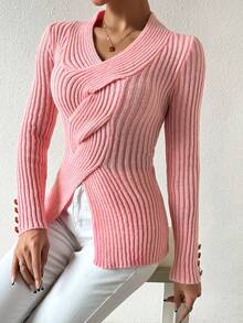 SHEIN Privé 女士純色扭結紐扣細節毛衣 - 粉色 - 查看 5