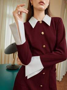 BizChic Của phụ nữ Tương phản Khe Cổ tay áo Nút phía trước Đầm - Màu Đỏ Sâu - Xem 7