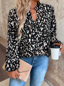 SHEIN Clasi Blusa De Manga Larga Con Cuello De Muesca Y Talla Grande - Negro - Ver 4