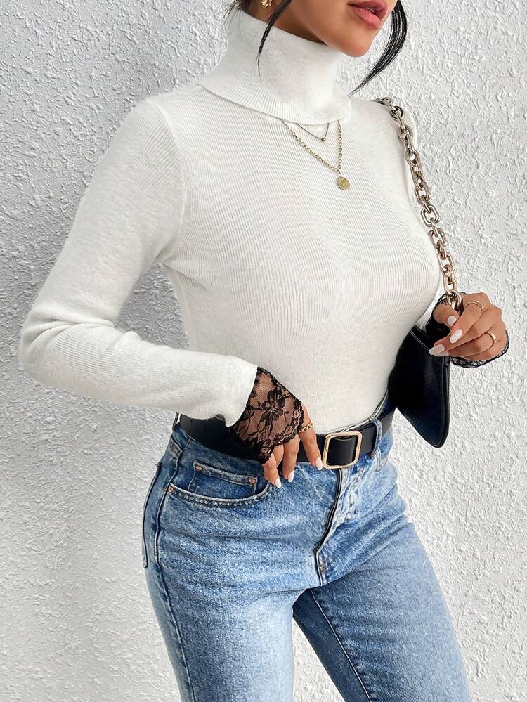 High Neck Lace Cuff Long Sleeve Knit Pullover Fall Winter Sweater