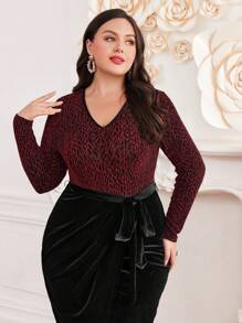 Modelyn Plus Size Contrast Color Pleated V-Neck Long Sleeve Dress Long Evening Dresses - Multicolor - View 1