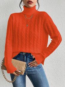 SHEIN Privé 女款純色高領下垂肩毛衣 - 橘色 - 查看 1