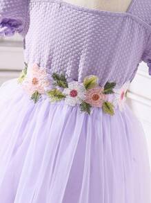 SHEIN Tween Girl Embroidered Flower Applique Puff Sleeve Mesh Overlay Dress