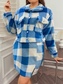 EMERY ROSE Plus Size Flap Pocket Plaid Flannel Jacket And Skirt Two-Piece Set - Blue and White - View 3