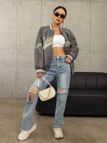 SHEIN EZwear 字母刺繡釦扣棒球夾克 - 灰色 - 查看 3